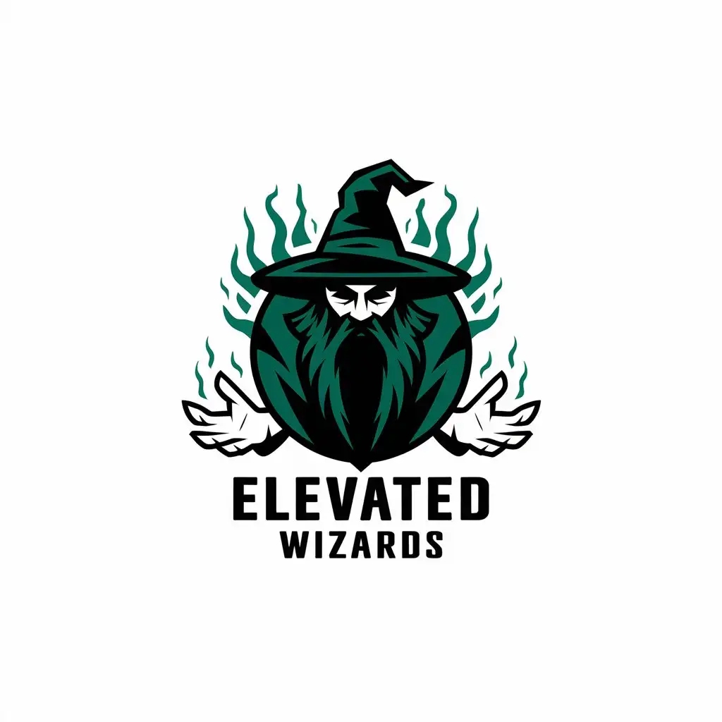 LOGO Design for Elevated Wizards Green Black Wizard Emblem with Mystical Smoke