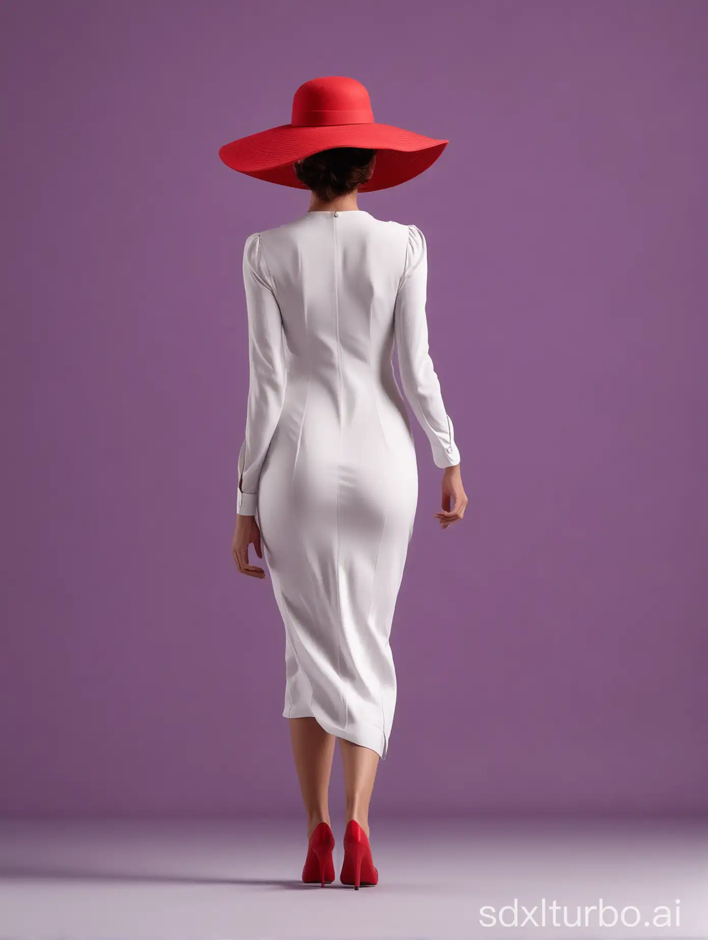 Elegant-Runway-Model-in-White-Dress-and-Red-Hat-on-Purple-Background