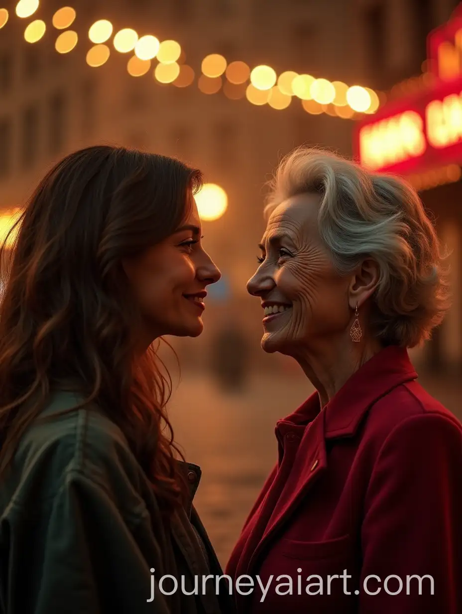 Young-and-Older-Woman-Facing-Each-Other-in-Front-of-Theater-Marquees