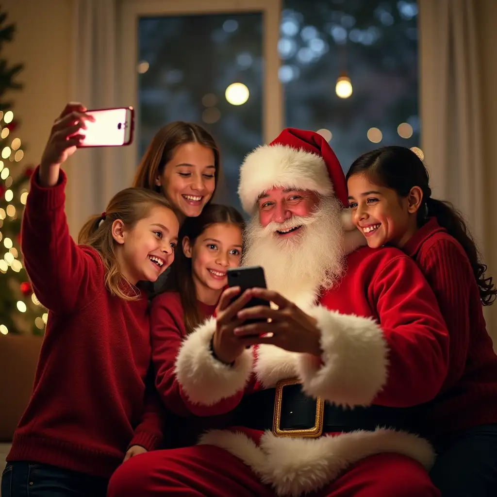 Family-Celebrating-Christmas-with-Santa-Claus-Taking-Selfies-and-Laughing