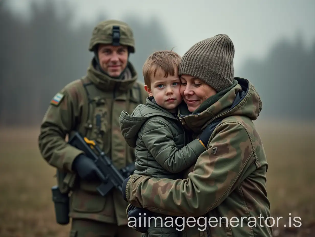 Young mother in Ukrainian military form says goodbye to her son (7 years old) and old parents and goes to defend Ukraine