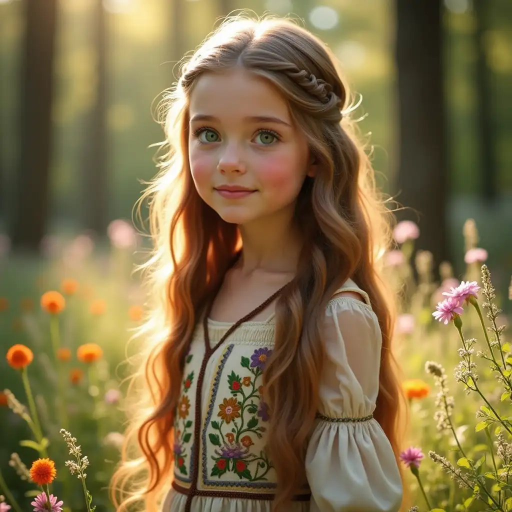 A stunning Russian girl with long, flowing chestnut hair stands gracefully in a sunlit forest glade, her emerald green eyes sparkling with curiosity. She wears a delicate, embroidered traditional dress, surrounded by vibrant wildflowers, evoking a serene, enchanting atmosphere of cultural heritage.