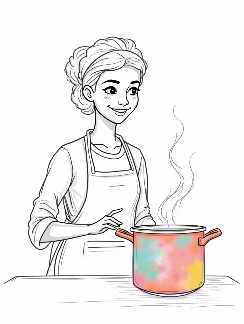 woman cook drawn with a single black line, she is standing near a pot, the pot is colorful, it is on the table, steam is coming out of the pot, in one hand she holds an apron, portrait