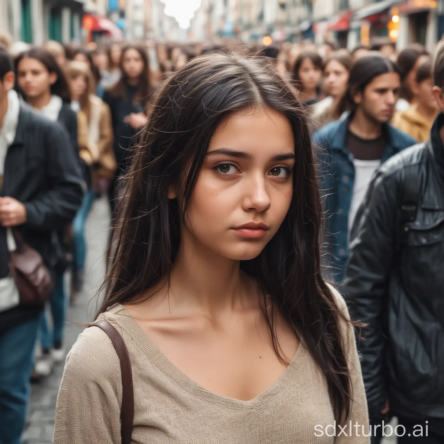 Sad beautiful dark-hair girl standing among crowded people walking on the street