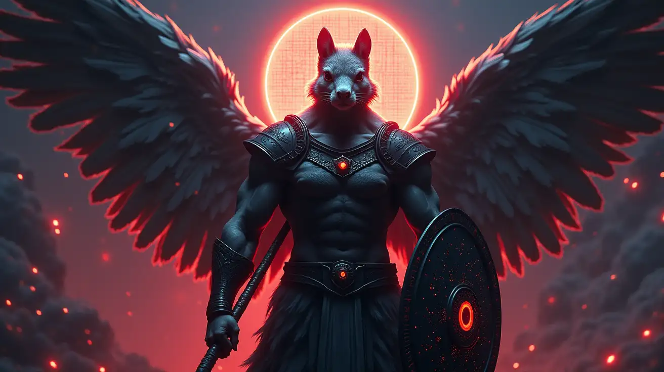 A dark, cinematic scene with deep red and cold blue lighting casting long shadows. A godlike male figure stands high above, towering and divine. He is angelic yet real — muscular, calm, and intimidating. His face is human with subtle squirrel-like details: fine fur along the jaw, large reflective eyes, rounded ears, and a thick, majestic tail draped behind him like a royal mantle. His armor is ancient and divine, forged with intricate glowing glyphs — a fusion of celestial and cryptographic design. Vast feathered wings extend behind him, catching the dim light like marble sculpture. In one hand, a long spear crackling with digital energy; in the other, a shield engraved with an eye inside a hexagon — the symbol of divine oversight. He gazes down solemnly through a glowing, infinite hexagonal tessellated grid that spans the digital void below him — like a god watching a fragile cyber world. Around him float fragments of corrupted code, broken data, and static — a realm on the edge of chaos, under his eternal protection.