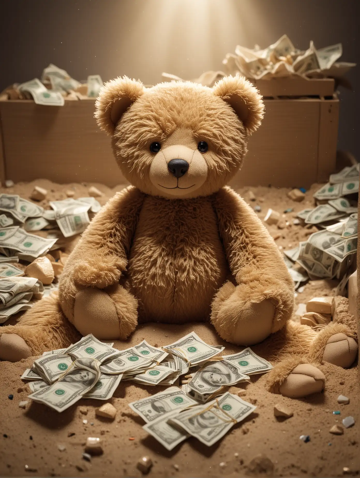 Teddy Bear in Sandbox with Scattered Cash Cinematic Stylish Lighting