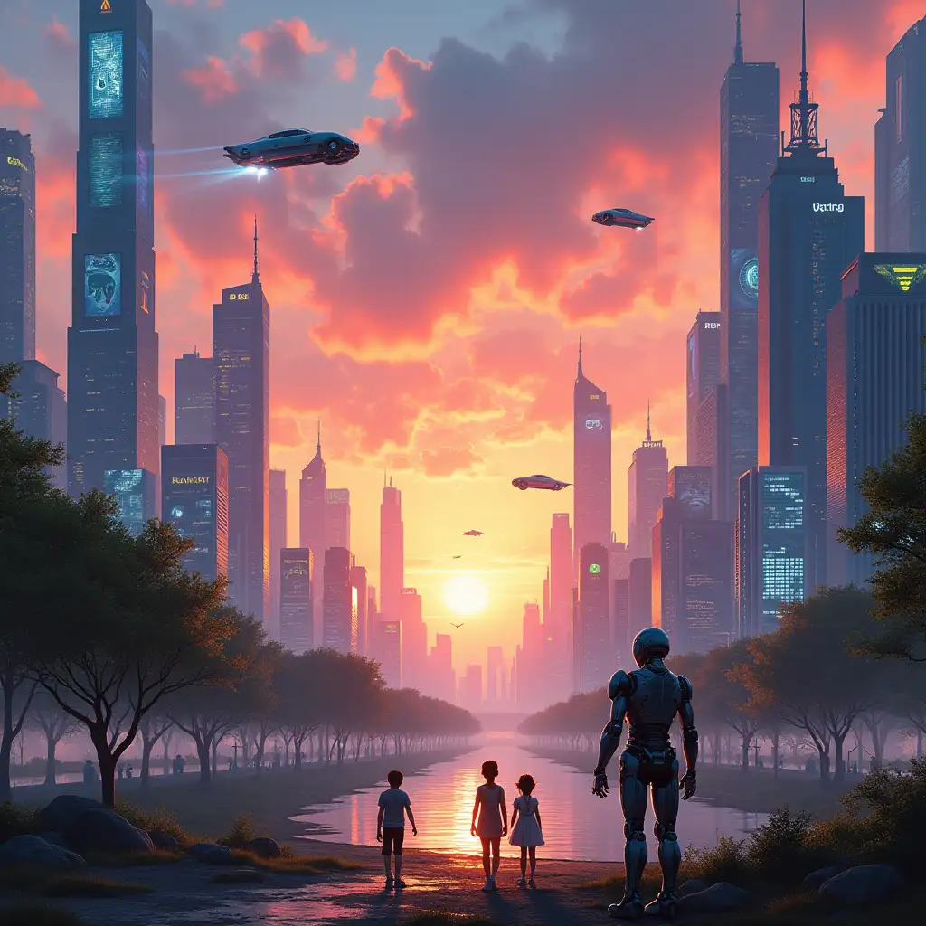 A futuristic city at sunset where humanoid robots and humans coexist peacefully. The scene includes sleek skyscrapers with holographic advertisements, flying cars in the sky, and a park with children playing alongside robot companions. Vibrant, warm colors of the sunset contrast with the cool neon lights of the city