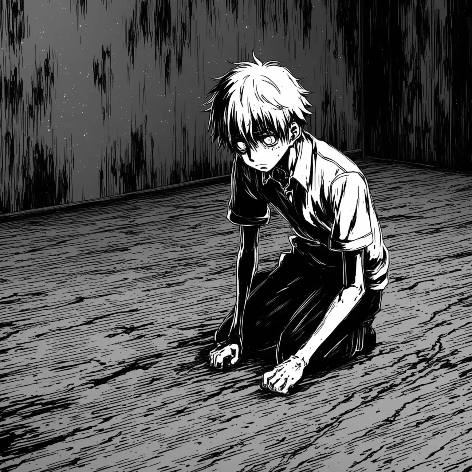 Anime-Manga-Nightmare-Sad-Boy-Looking-at-Floor-in-BlackWhiteRed