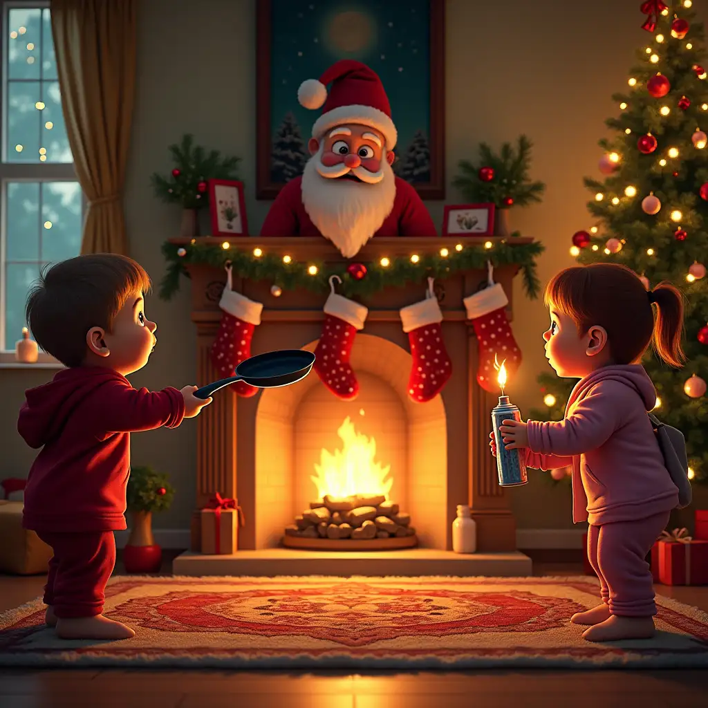 A Christmas scene, a Christmas living room with a decorated tree and fairy lights at the edge of the picture in the middle of the fireplace, Santa Claus sticks his head through the fireplace into the living room, to the left of the fireplace there is a little boy of 2 years old in his pajamas and holding the frying pan Ready to hit Santa Claus with both hands over his head, there is a small one to the right of the fireplace Red-haired girl, in pink pajamas and aims at Santa Claus' head with a hairspray can that she holds in her hand and in the other hand she holds a lit match. The boy and the girl both look cheekily and excitedly at the fireplace and Santa's head. Santa Claus looks surprised and surprised directly into the camera. Four stockings filled with Christmas treats hang on the fireplace, some pine branches and family photos are on the mantel. Make everything very realistic and Christmassy, ​​with dark humor and lots of details