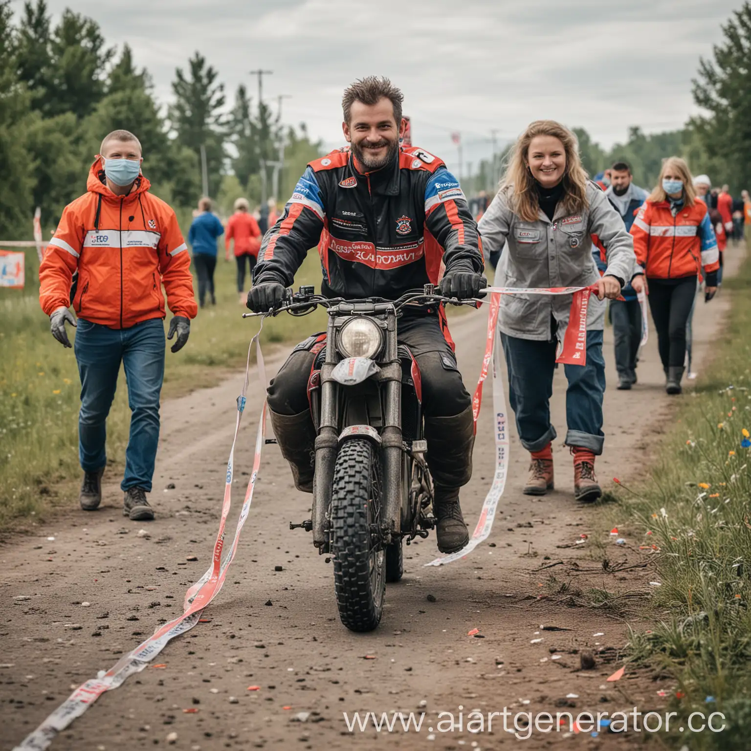 Motocyclist-Crossing-Finish-Line-with-Russianthemed-Volunteers