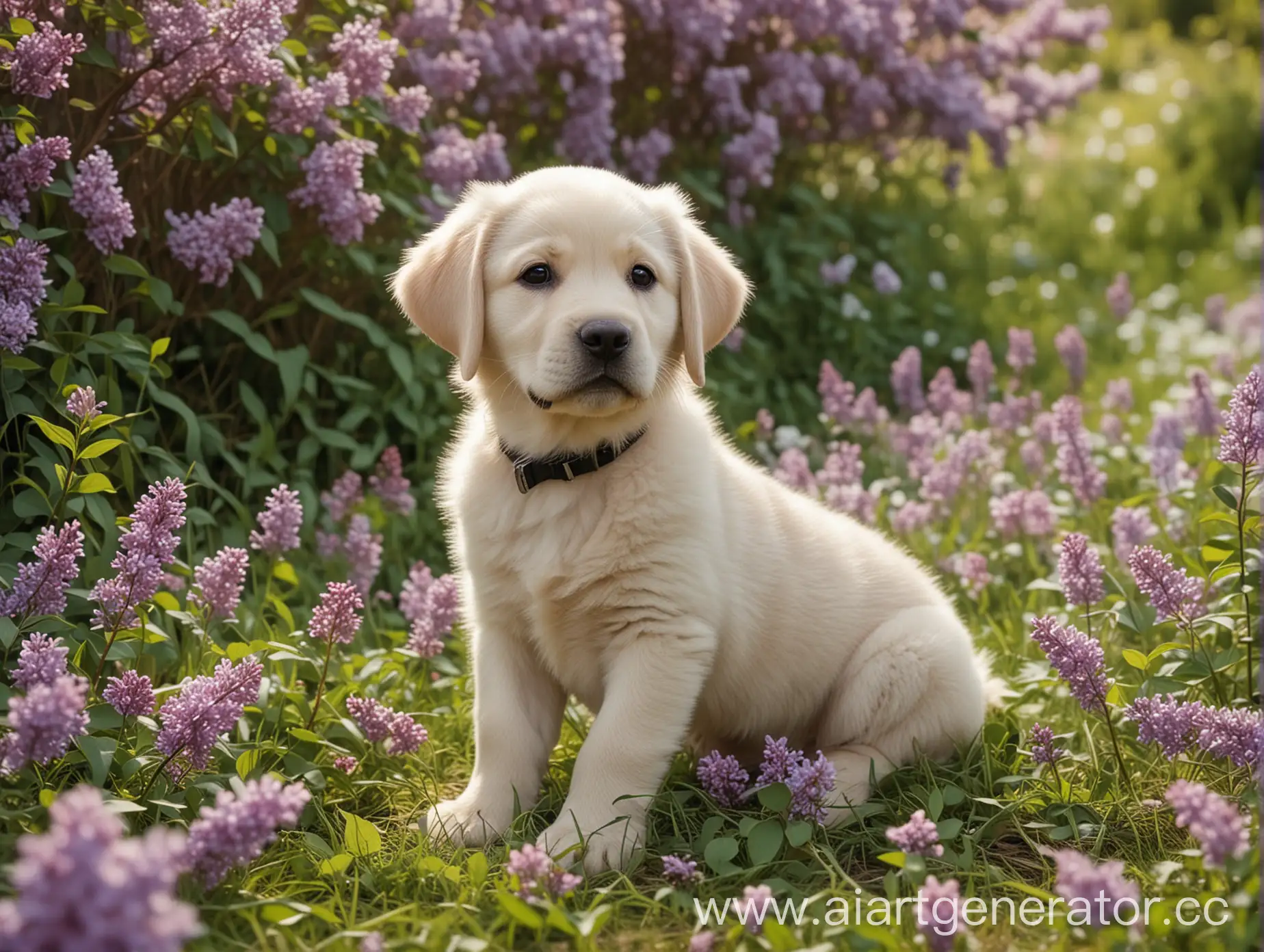 Little-Boy-Sitting-on-a-Glade-with-Labrador-Puppies-and-Lilac-Petals-Flying