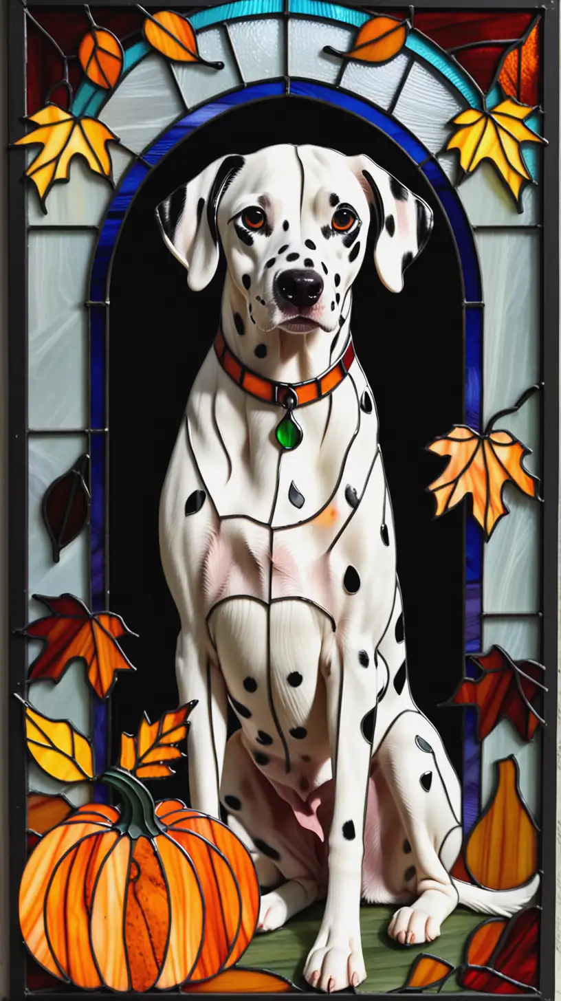 Dalmatian Dog with Pumpkin and Fall Leaves in Stained Glass Design