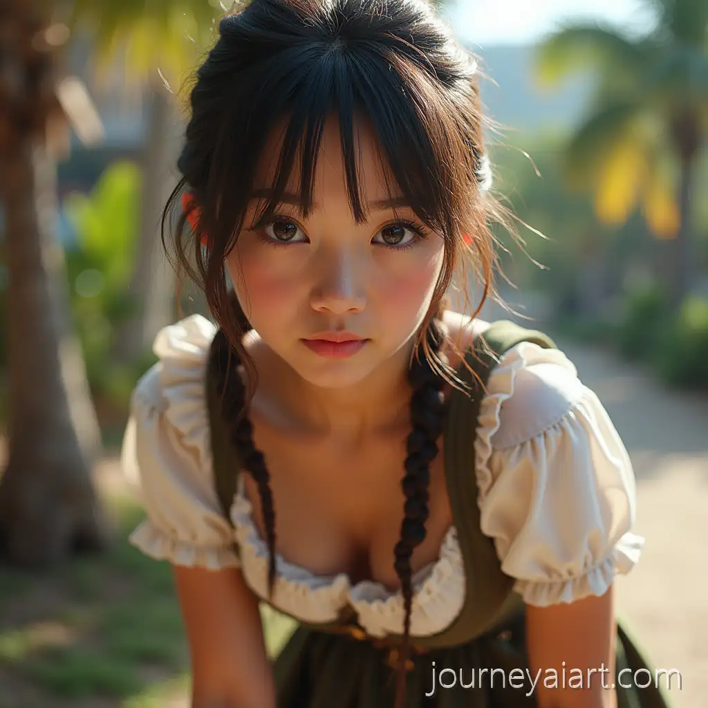 MixedRace-Japanese-Hawaiian-Woman-in-Short-Bavarian-Dirndl-on-a-Hot-Sunny-Day