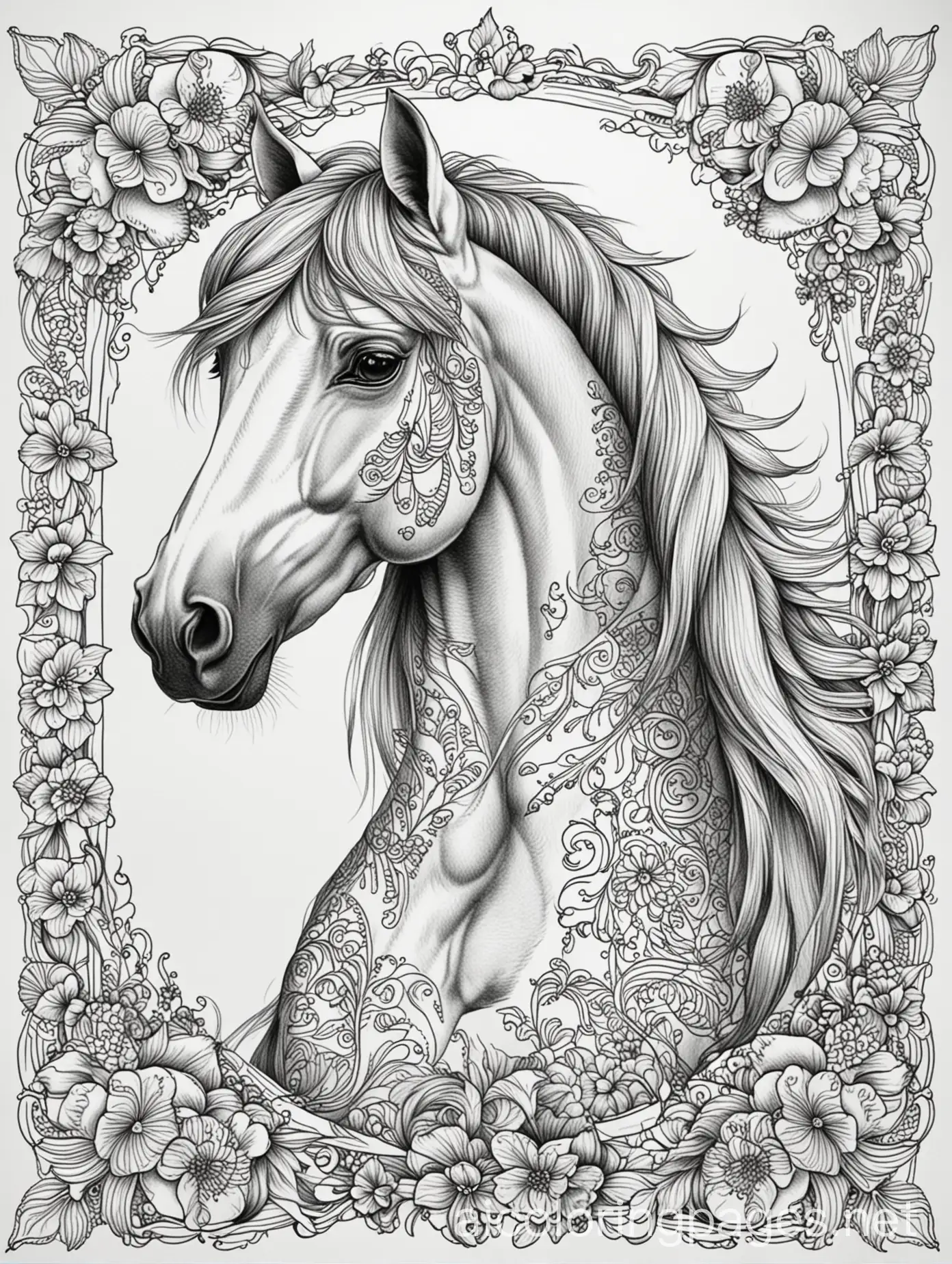 Intricate-Horse-Design-for-Tattoo-or-Adult-Coloring-Book-with-Flowery-Frame