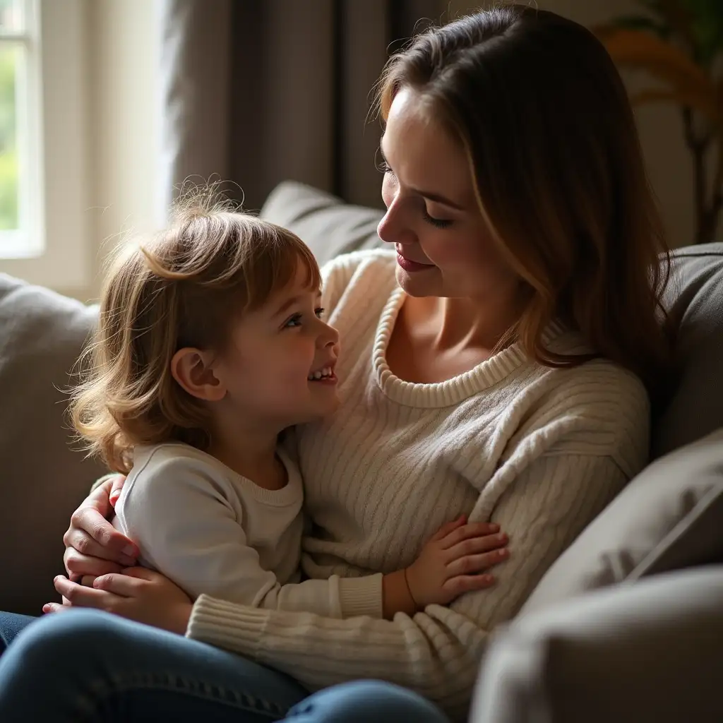 Child-and-Caring-Parent-Sharing-aChild-and-Parent-Comfort-Moment-of-Comfort-on-a-Sofa