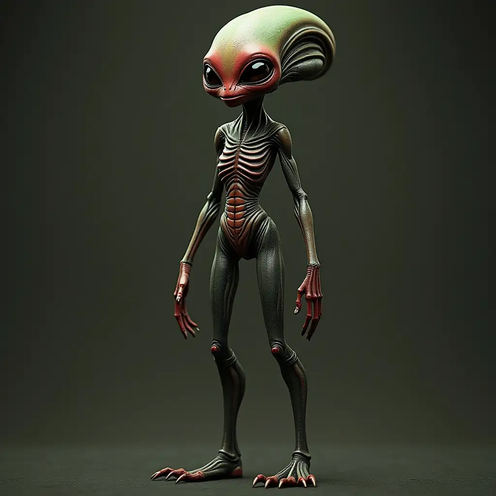 Alien female red,black,green skin with wise stripes hairy grey legs