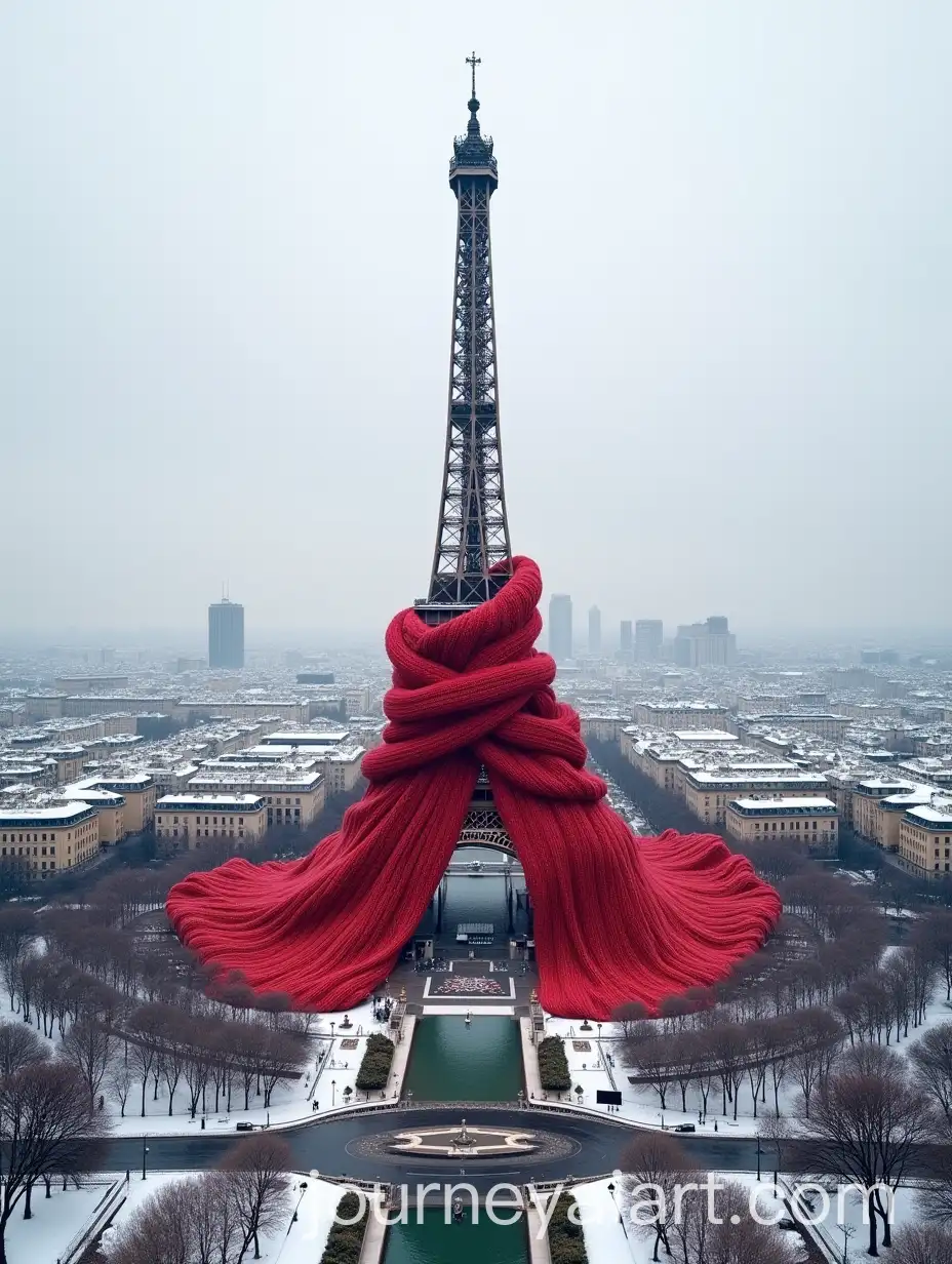 Aerial-View-of-Paris-in-Winter-with-Eiffel-Tower-Wrapped-in-Red-Knitted-Scarf