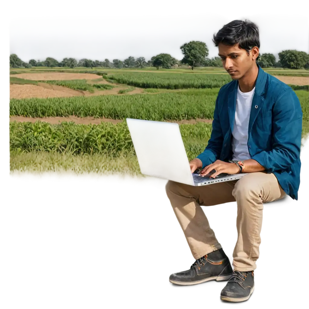 An Indian man working on a laptop in a rural setting, surrounded by fields or a village landscape. The image shows a mix of modern technology and traditional rural life, symbolizing innovation and entrepreneurship in a hometown setting.