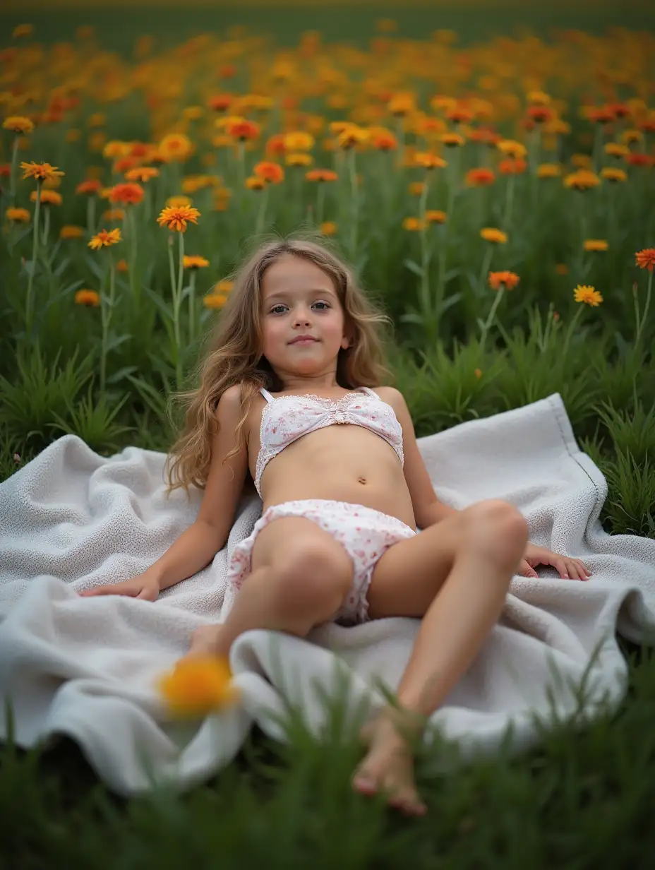 Curious-ElevenYearOld-Girl-Relaxing-in-a-Vibrant-Flower-Field