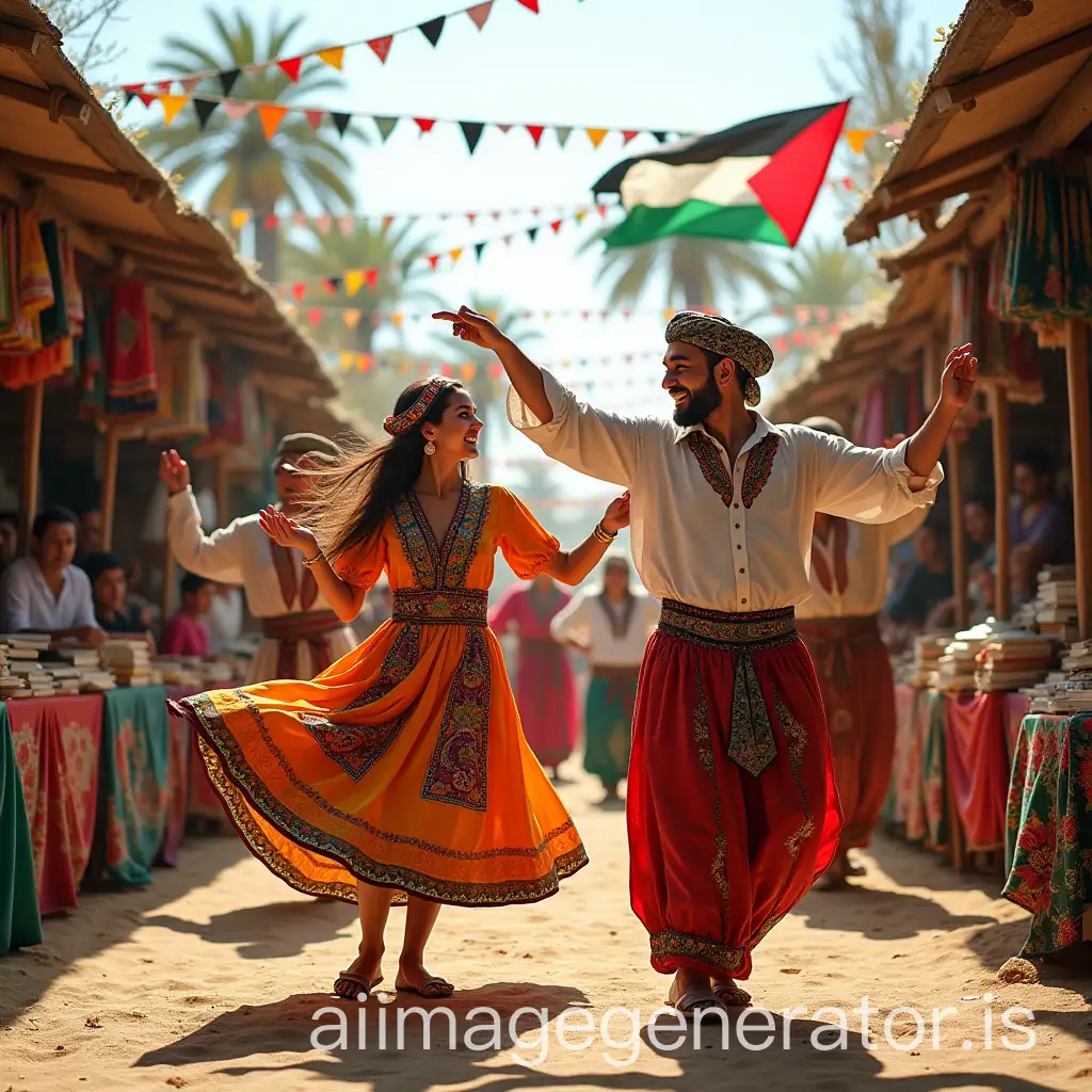 A group of Palestinian male and female dancers, dressed in colorful traditional attire, performing a joyful and energetic folkloric dance. The men wear keffiehs and thobes, while the women don embroidered dresses with intricate patterns and traditional accessories. The scene takes place in a sunny countryside, surrounded by vibrant stalls offering books, traditional Palestinian dishes like maqloubeh and knafeh, as well as handmade crafts. The atmosphere is festive, with Palestinian flags gently waving in the wind, colorful garlands hung between the stalls, and smiling spectators watching the dance. The colors are bright and warm, with a golden end-of-afternoon light bathing the scene.