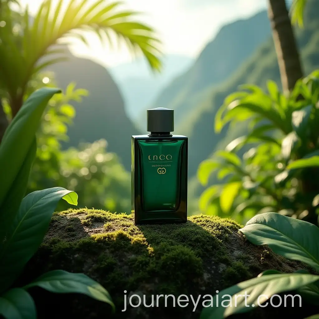 Gucci-Perfume-Bottle-on-Mossy-Rock-in-Tropical-Jungle-with-Sunrise-Light