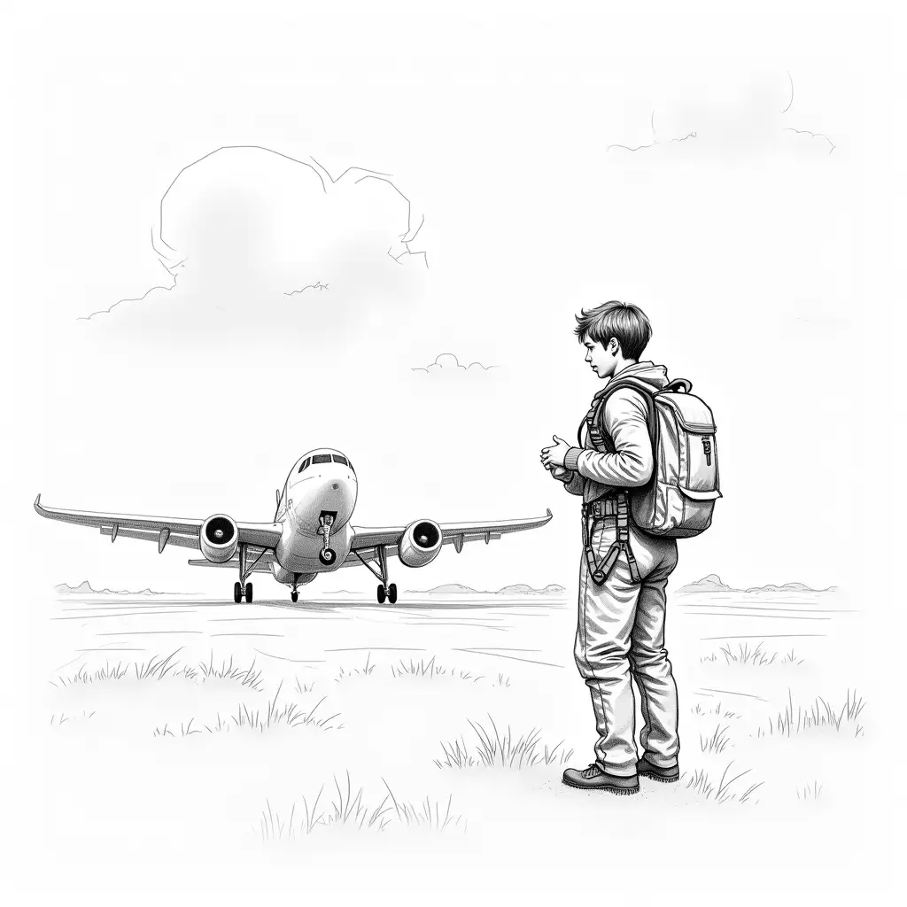 Young-Man-Preparing-to-Skydiving-in-Black-and-White-Storyboard-Style