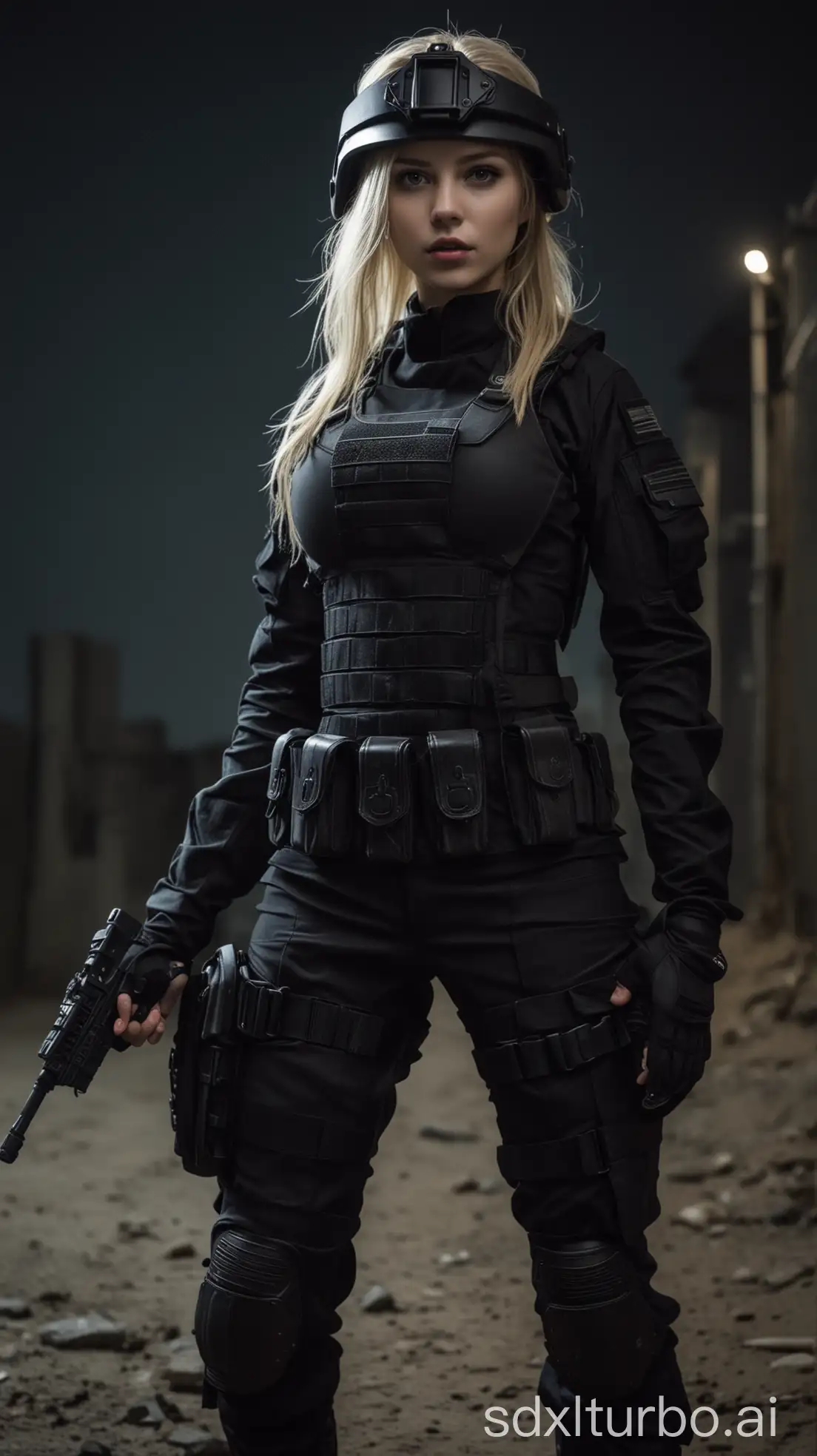 Blonde-Girl-in-Black-Tactical-Military-Uniform-at-Night