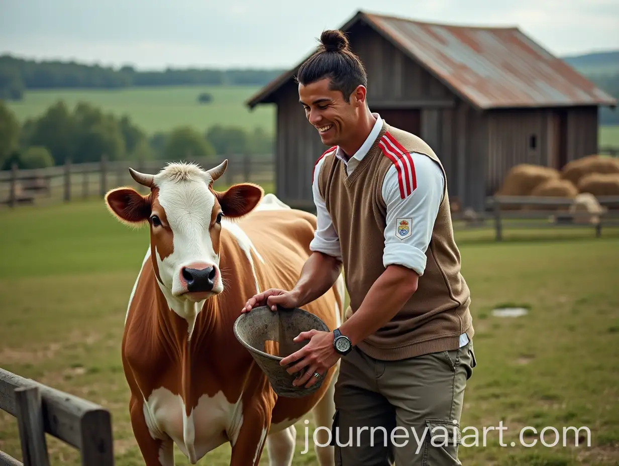 Cristiano-Ronaldo-in-Real-Madrid-Uniform-Milking-a-Cow-on-a-Rustic-Farm