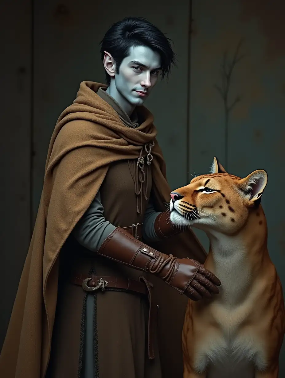 A tall, lanky, gaunt skinny fatherly, paternal, 40-something mid-aged male winter eladrin fantasy elf in brown cloth robes and brown burlap cloak with leather gloves. He has jet black hair in a half-leaf k-pop style haircut, light icy blue skin, and pale blue eyes. He has a kindly smile and is petting a gigantic sleeping panther in a stable.