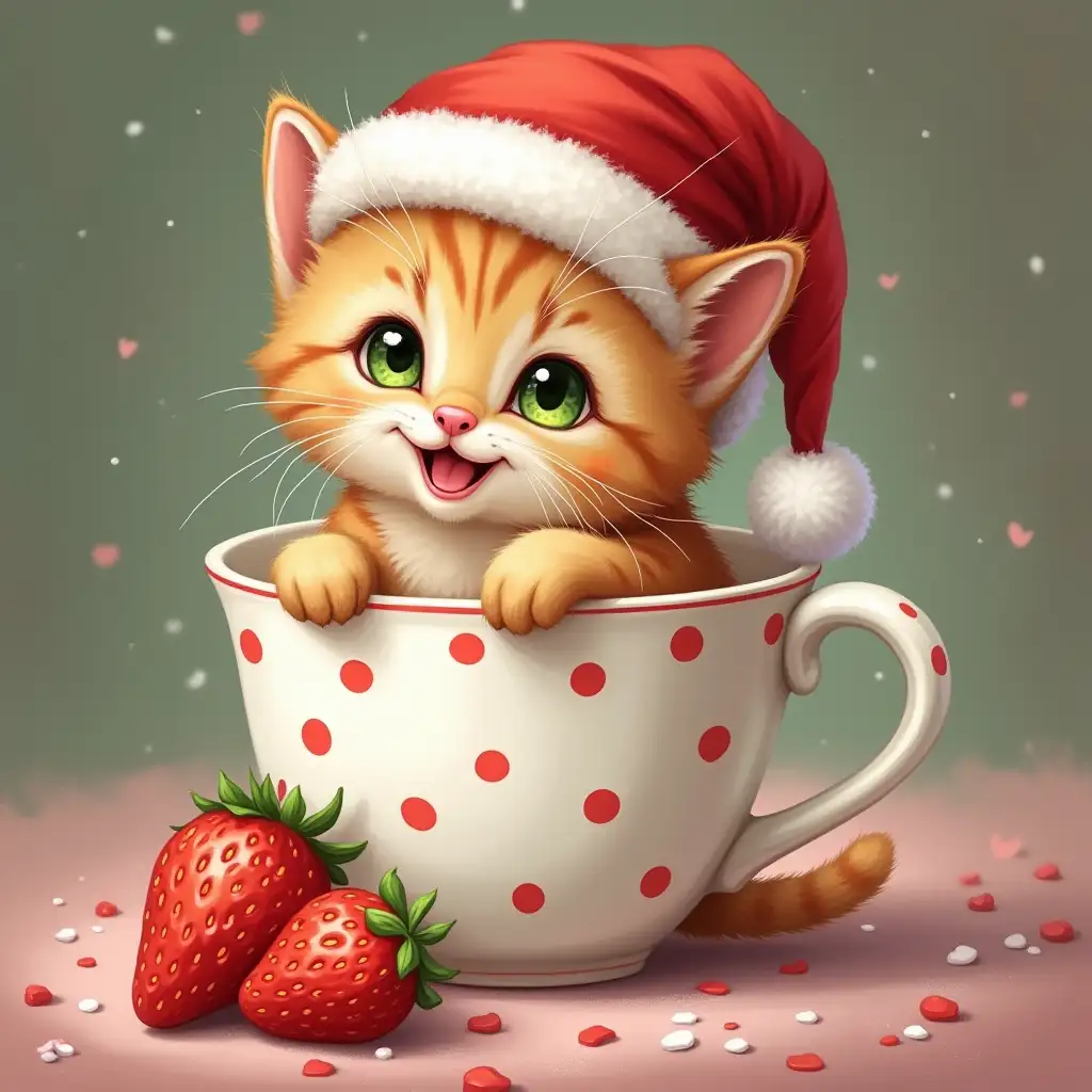 cute drawn cartoon, fluffy, funny kitten with expressive green eyes sits in a beautiful cup, with a santa hat, smiles, looks mischievously, a white cup with red polka dots, 3D, oil painting, beautiful, fairy tale, New Year's Eve background, next to the cup is ripe strawberries