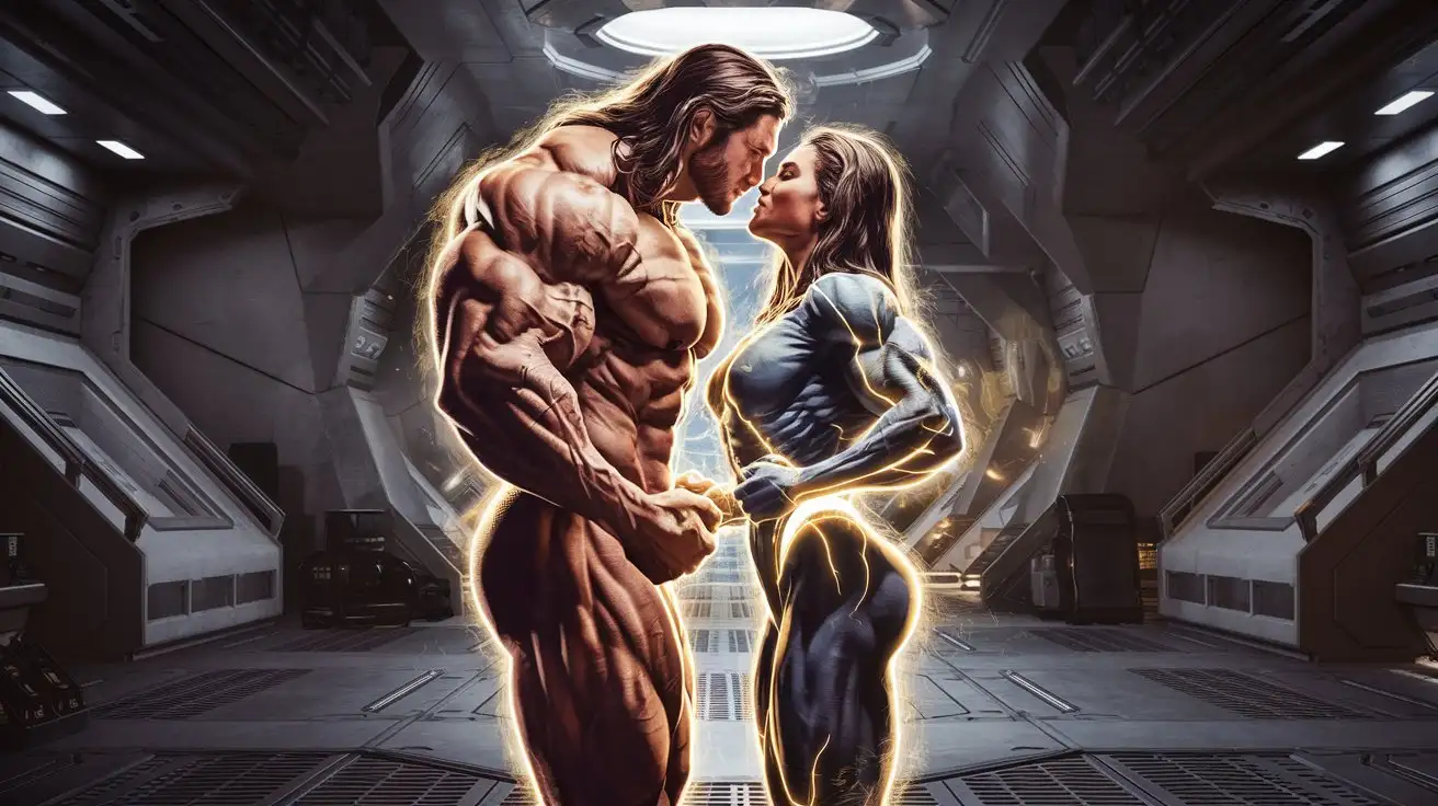 Superpowered-Man-and-Woman-Embracing-in-Futuristic-Bunker-with-Luminous-Golden-Power