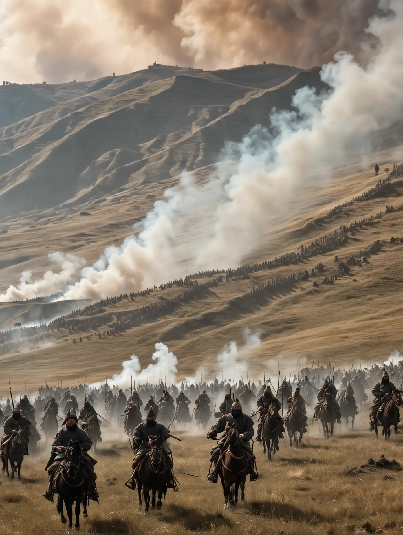 The Mongol army using smoke for a stealth attack, hiding behind hills.