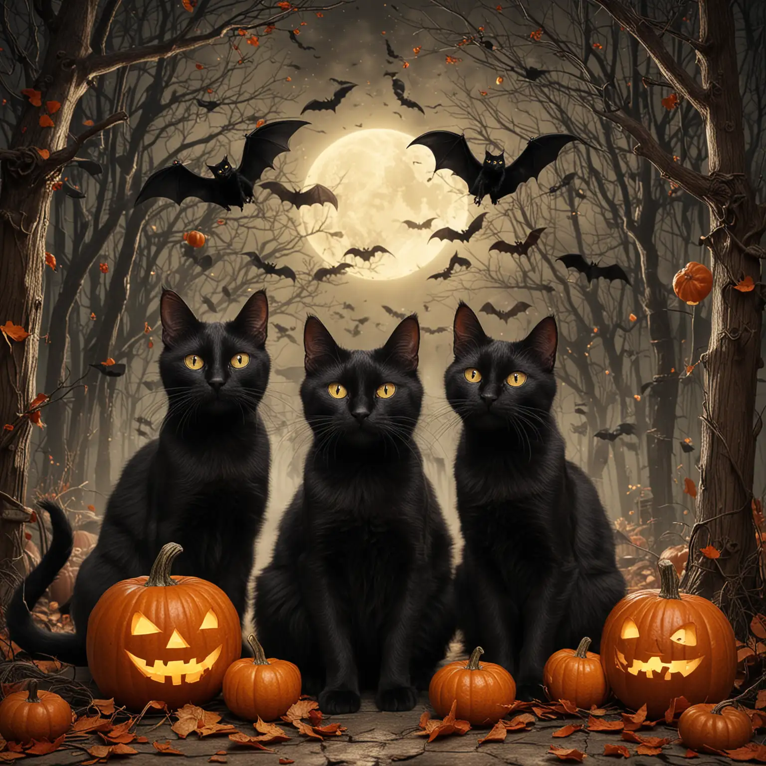 Playful Halloween Black Cats in Moonlit Night