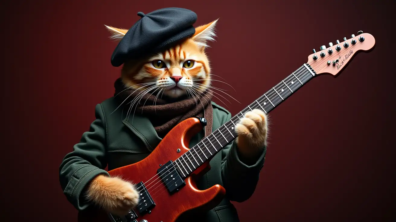 A rockstar cat wearing a beret on his head playing rhythm guitar