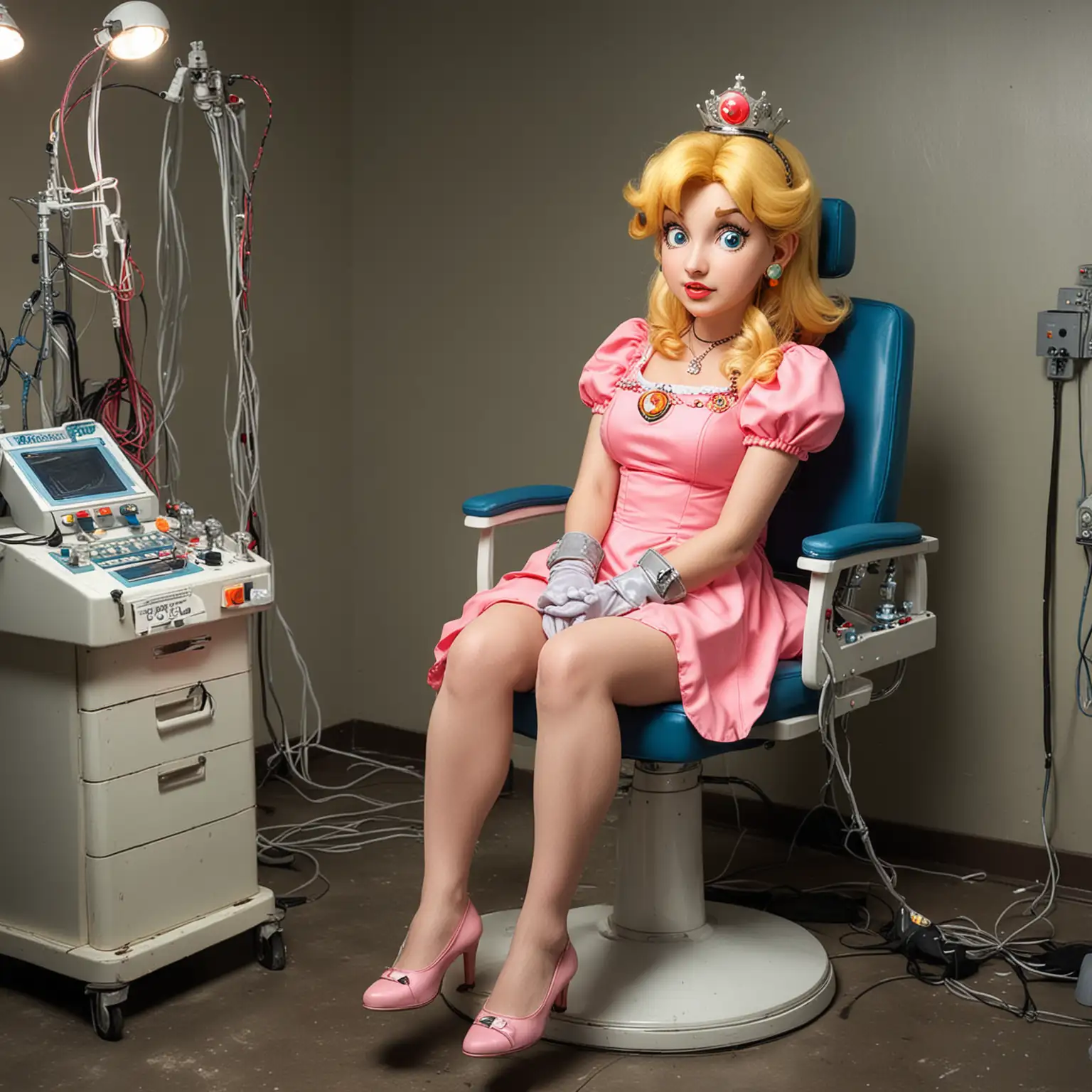 Hysterical Princess peach sitting on a doctors chair, chair is attached to machine with electrical wires and lightbulbs. Doctor bowser standing