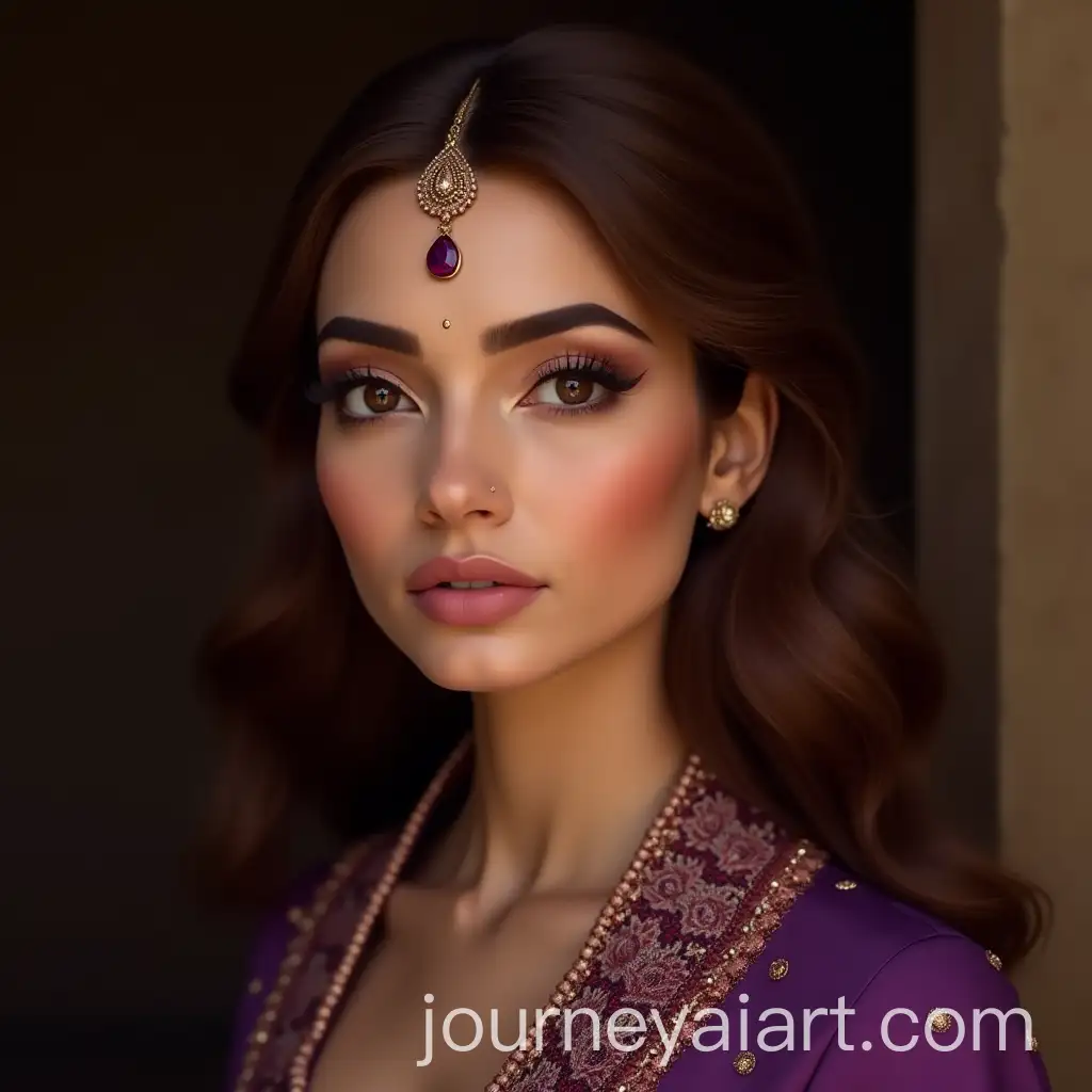 Elegant-Woman-with-Traditional-Tikka-and-Purple-Embroidered-Robe