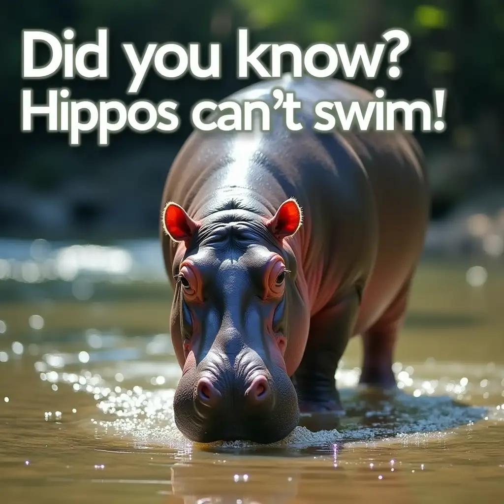 A close-up image of a hippopotamus walking along the riverbed, surrounded by calm, clear water with sunlight filtering down from above. The hippo looks as if it's pushing off the river floor, with small particles of sand or silt around its feet. The background includes subtle aquatic plants or small fish. Text overlay: 'Did you know? Hippos can’t swim!' in bold, easy-to-read text.