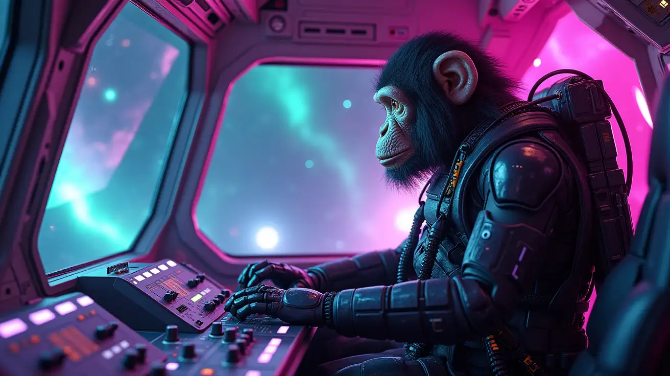 a large monkey astronaut with 6 cybernetic arms protuding from his back operating controls ,sitting in the cockpit of a futuristic spaceship, bathed in neon purple and green lights. The astronaut gazes out of the large window into a cosmic landscape, filled with vibrant stars and swirling nebulas, conveying a feeling of excitement and anticipation. The inside of the ship has glowing control panels and a sleek, high-tech design that reflects the neon colors. The astronauts posture is relaxed yet eager, as if waiting for something amazing to happen