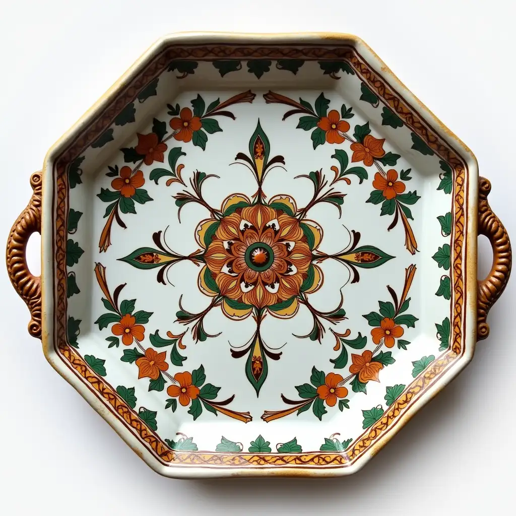 Octagonal with rounded corners ceramic serving dish with embossed beautiful handle, Underglaze painting on white body, Fine art, Hyper detailed, Antique and old, Qajar art, Iranian Tabriz carpet design