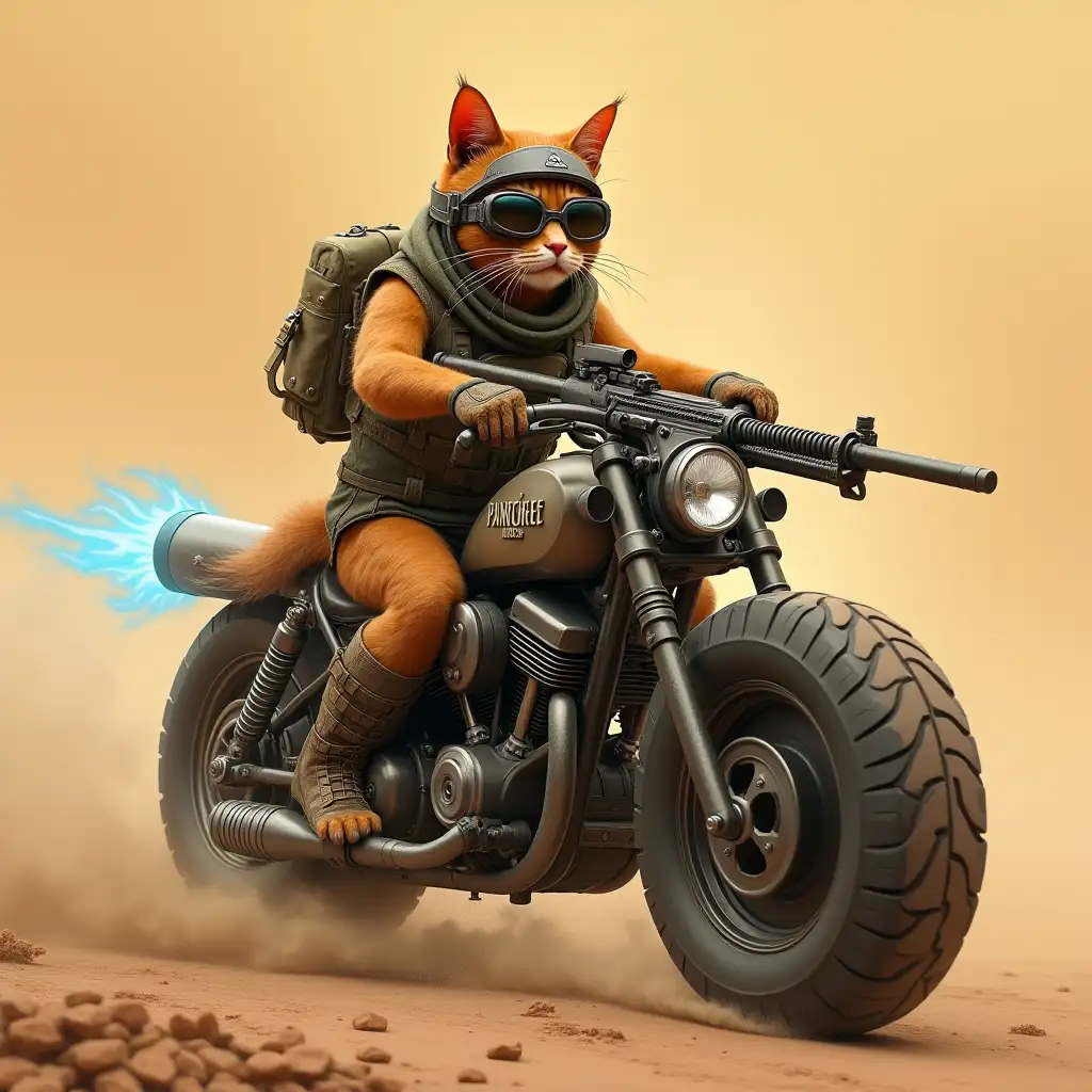 This is a high-resolution digital artwork featuring an anthropomorphic cat with a rugged, militaristic appearance. The cat is seated on a vintage motorcycle, riding through a dusty, desert-like landscape with a backdrop of a hazy, orange sky. The cat is dressed in tactical gear, including a helmet with goggles, a bulletproof vest, and a utility belt. It holds a large, futuristic-looking assault rifle in its right paw. The motorcycle itself is heavily modified, with a large, rugged front tire and a custom exhaust that emits a trail of blue flames, adding a sense of speed and power. The cat's fur is a mix of light and dark orange, and it wears a determined expression. The overall color palette is dominated by earthy tones, with the motorcycle and the cat's gear blending into the dusty, arid environment. The image has a gritty, realistic texture, enhanced by the use of high-quality digital art techniques that capture the details of the cat's fur and the motorcycle's mechanical parts.