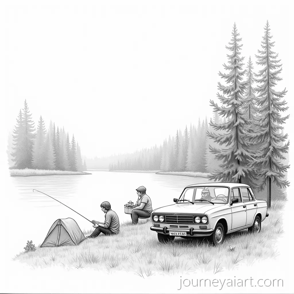 Black-and-White-Pencil-Drawing-of-Fisherman-by-River-and-Woman-in-Forest-with-Tent-and-VAZ2101-Car
