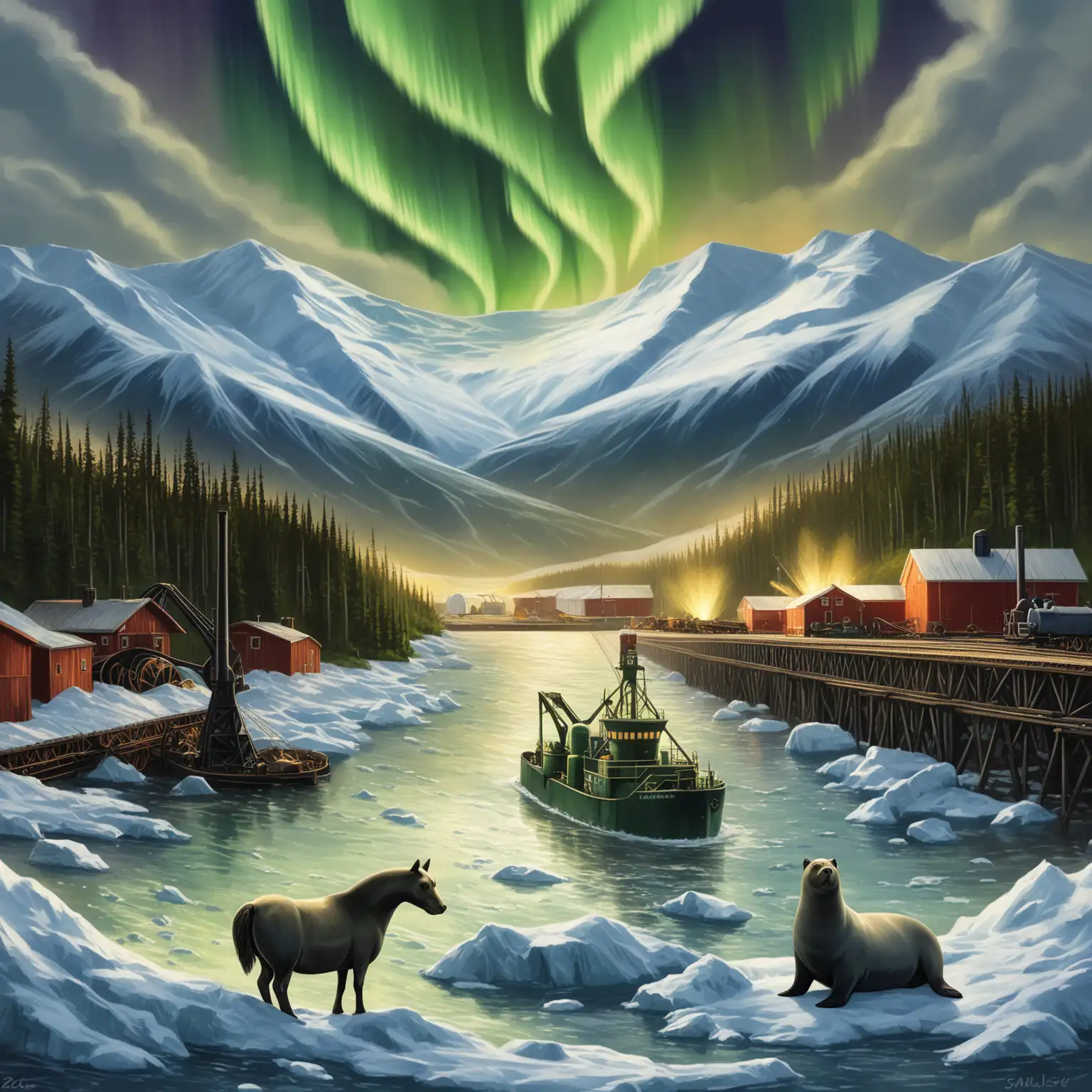 Alaskan Northern Lights with Mining Railroads and Sea Transportation