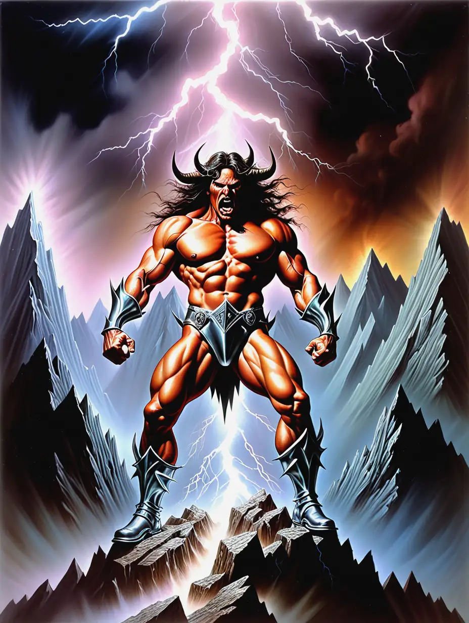 Epic Heavy Metal Album Cover Mountain Lightning Scene Inspired by Boris Vallejo