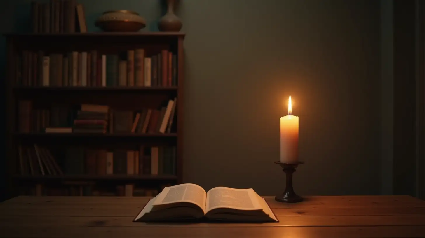 Quiet Room with Bookshelf and Candle Symbolizing Wisdom and Tranquility