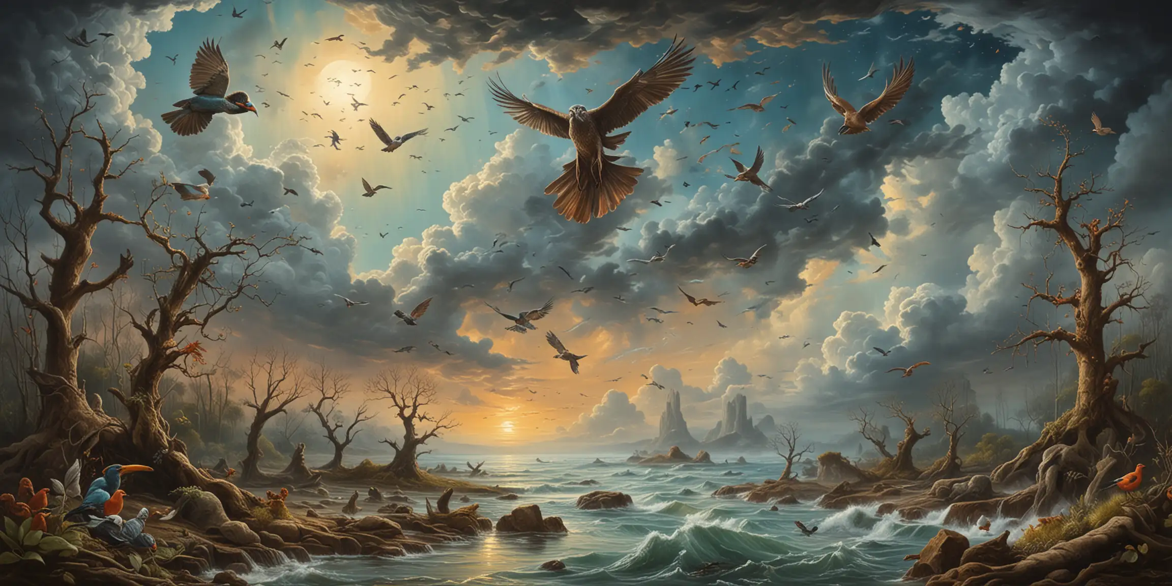 Surreal Oil Painting of Ancient Birds in a Mixed Ecosystem Sky