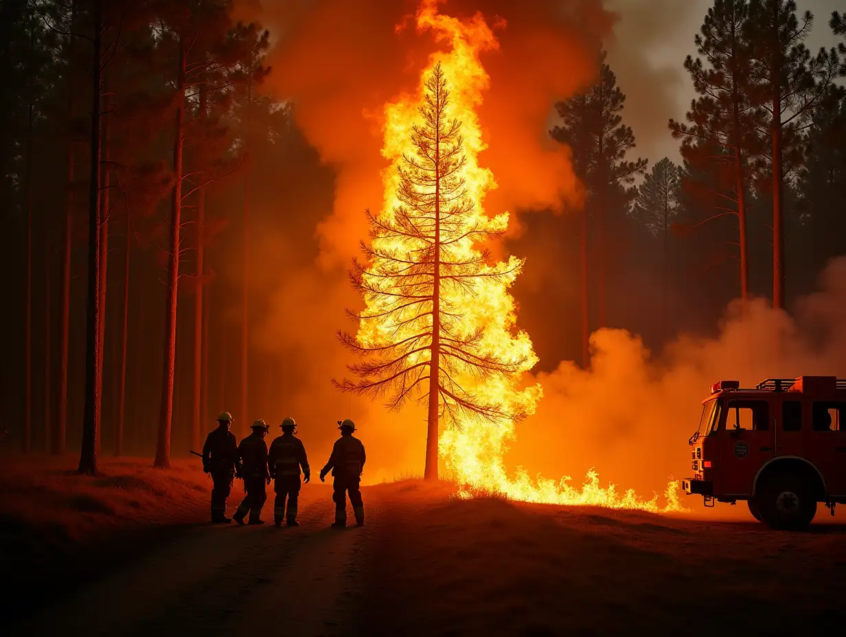 Heroic Firefighters Battling a Forest Fire with a Fiery Fir Tree