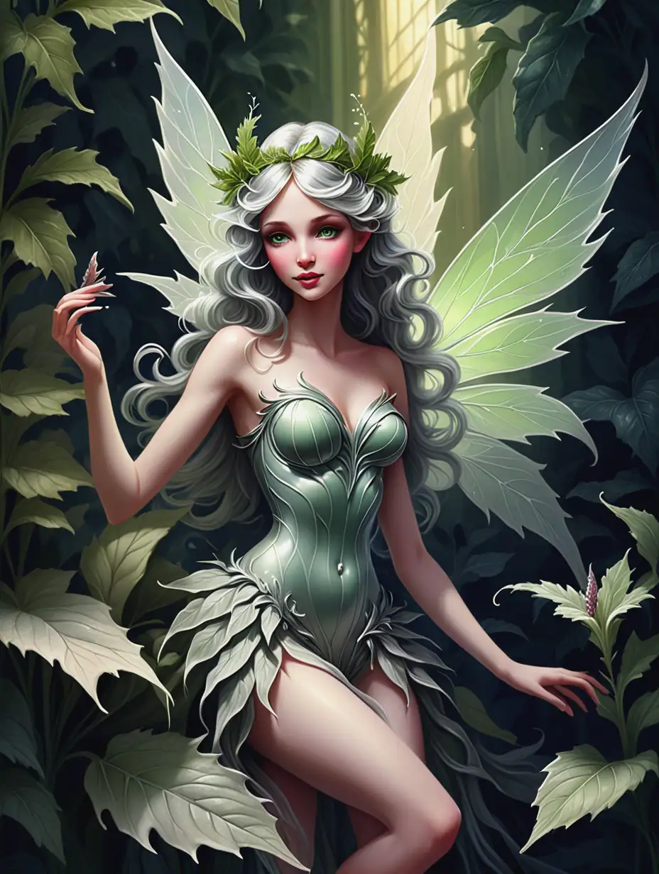 A graceful and enchanting fairy born from an Acanthe flower, her wings reminiscent of the broad, veined, and wavy leaves of this majestic plant. Her soft and radiant skin, with fluid and silky hair with green and silver tints, echoes the foliage of acanthus. She adopts a graceful pose in light attire, in the midst of decorative and toothed acanthus leaves, bathed in fairy and mysterious light. Artistic style: fantasy illustration inspired by Caza, with refined lines, intense colors, and poetic atmosphere.