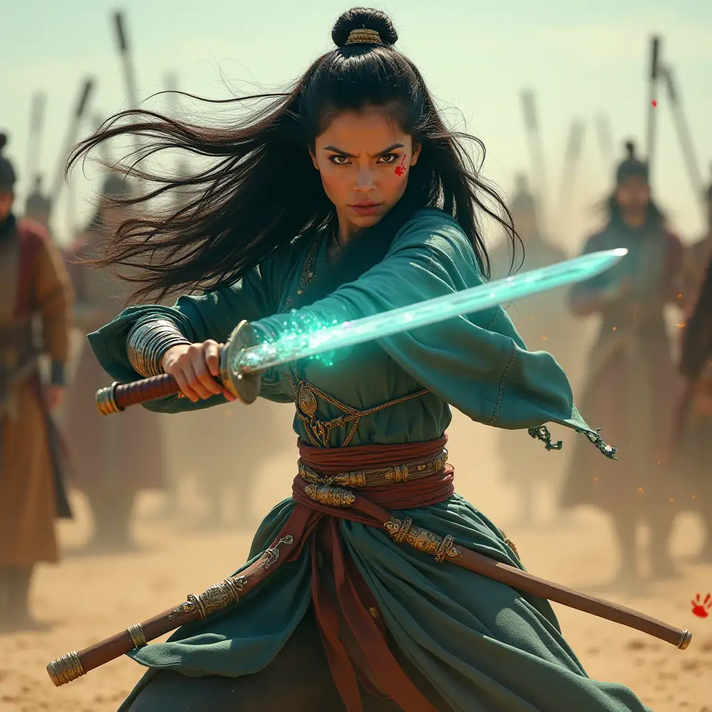 4D, 16K,a fierce woman with long black hair, a duelist with a glowing sword, dressed in the costume of a dynasty mataram sword fighter with blue-green elements. Quick and agile action, attacking the camera, on a battlefield, on the ruins of swords, surrounded by the Emperor's troops, smoke, fire sparkles, red handprint effect on hands, flying sand dust, desert sand field.
