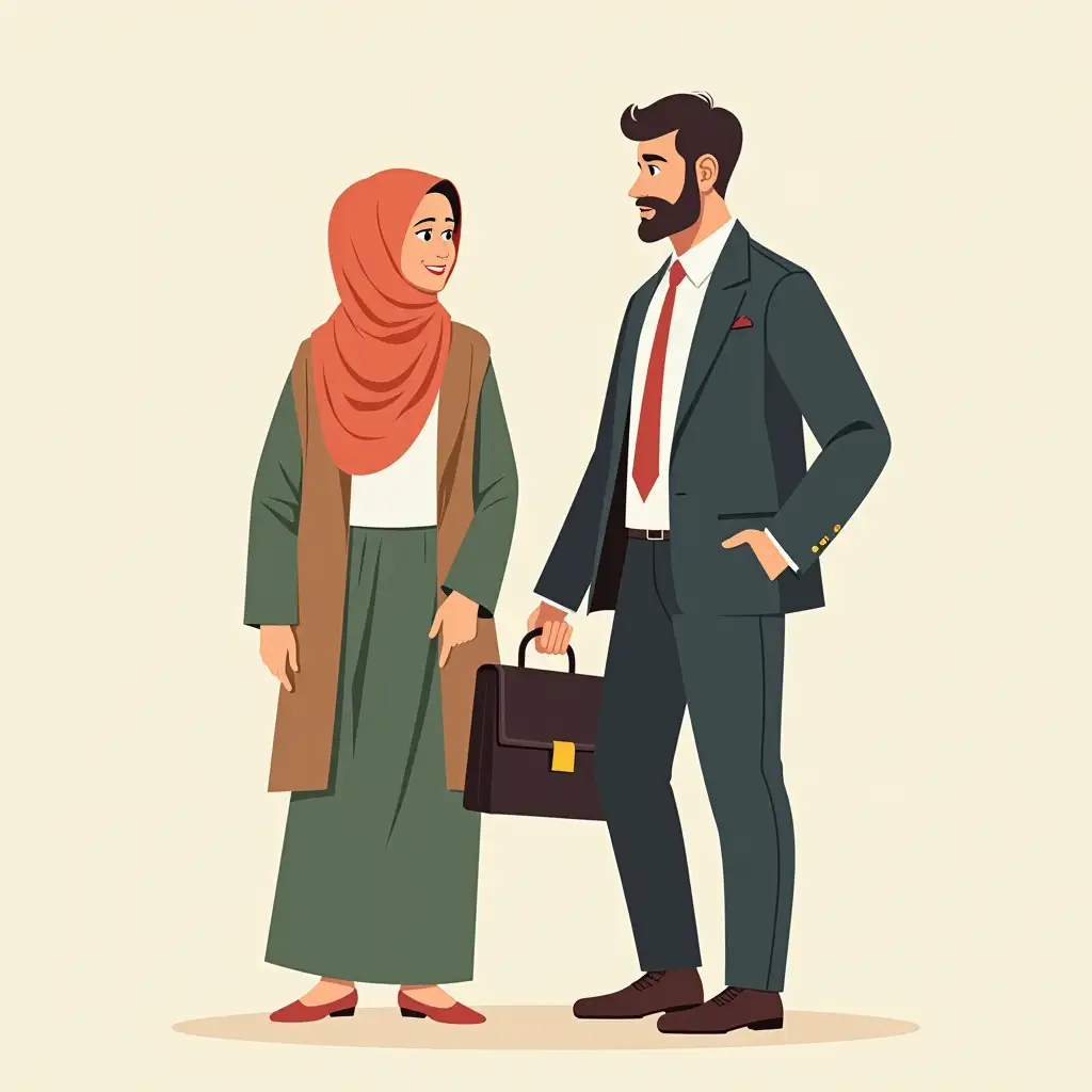 Illustrated A Sri Lankan Muslim Mother wearing hijab and a Muslim Father wearing office kit and holding a briefcase full image up to feet