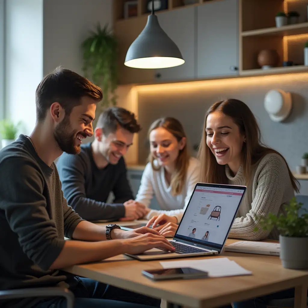 SMM - promotion of an online store, a stylish young team of programmers in a modern office is happy in Sochi, on a laptop is engaged in promoting an online store of household goods